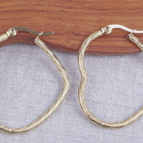 Créoles coeur striées 35 mm couleur doré à l'or fin 14 carats