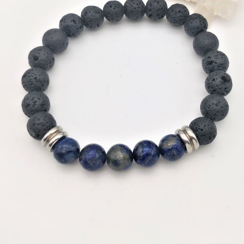 Bracelet lapis lazuli et pierres de lave (basalte), perles 8 mm. bracelet élastique homme femme. pierre fine gemme.