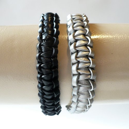 Bracelet lacet de cuir tressé noir ou gris, couleur au choix. longueur réglable, pour homme ou femme.