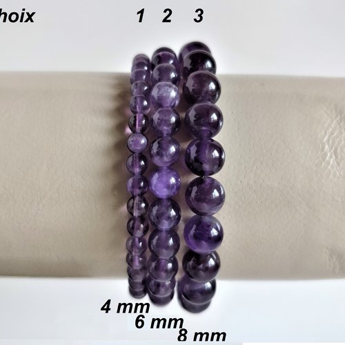 Bracelet améthyste véritable, pierres rondes 4 ou 6 ou 8 mm au choix. longueurs au choix. bracelet élastique homme ou femme.