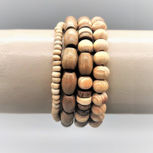 Manchette de 4 bracelets en perles de bois de diamètre 4 à 8 mm. perles marron, beige. unique.