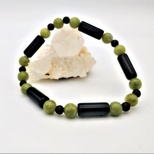 Bracelet obsidienne noire et jade vert (perles 4 et 6 mm rondes et tubes