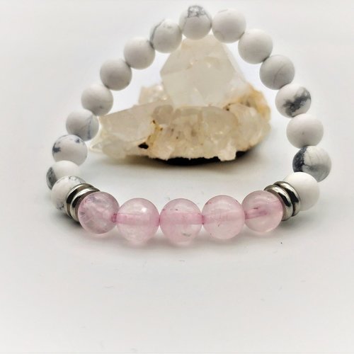 Bracelet howlite et quartz rose, pierres naturelles 8 mm, bracelet élastique. homme femme. pierre fine, gemme.