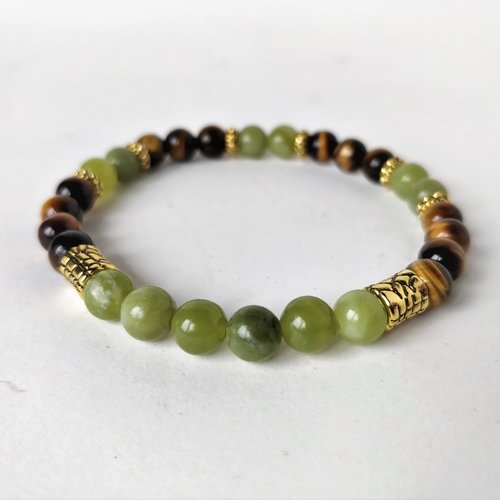 Bracelet oeil de tigre et jade vert (perles 6 mm). homme, femme. bracelet élastique. 03