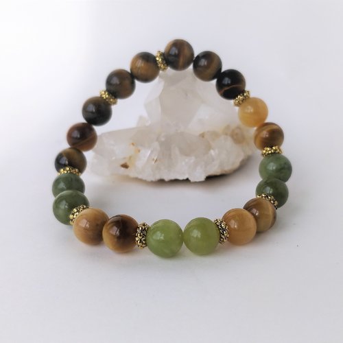 Bracelet jade vert, oeil de tigre classique et oeil de tigre blond (perles 8 mm). pierres naturelles. homme femme. 02