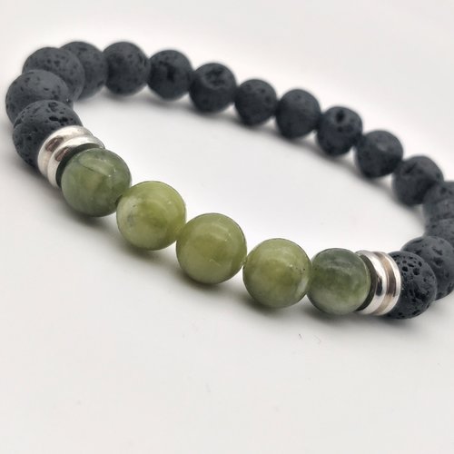 Bracelet élastique jade vert / pierres de lave, perles 8 mm. homme, femme. pierre fine gemme.