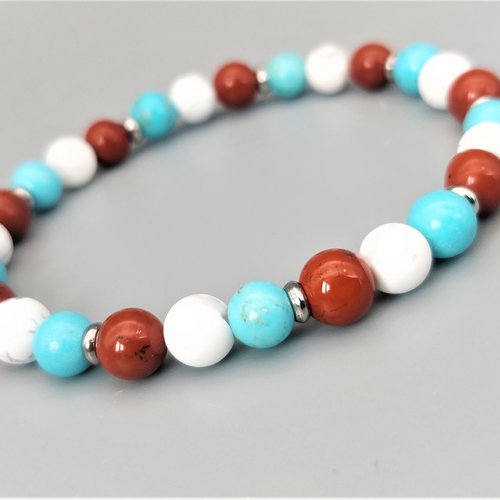 Bracelet élastique bleu, blanc, rouge. pierres naturelles jaspe rouge, howlite et howlite turquoise (turquénite) de 6 mm. homme, femme.