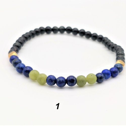 Bracelet obsidienne, lapis lazuli et jade vert. pierres naturelles 4 mm. bracelet élastique. homme, femme. pierre fine gemme.