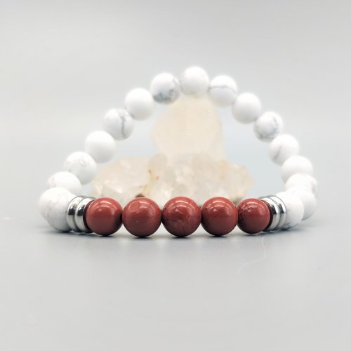 Bracelet howlite et jaspe rouge, pierres naturelles 8 mm, bracelet élastique. homme, femme. pierre fine, gemme.