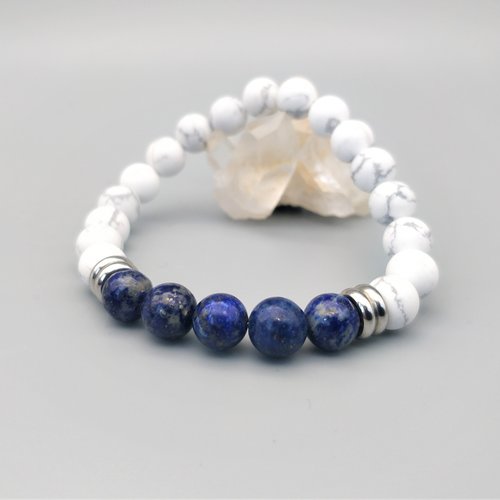 Bracelet howlite et lapis lazuli, pierres naturelles 8 mm, bracelet élastique. homme, femme. pierre fine, gemme.