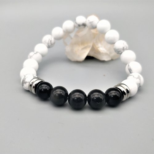 Bracelet howlite et obsidienne noire, pierres naturelles 8 mm, bracelet élastique. homme, femme. pierre fine, gemme.