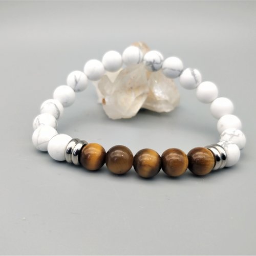 Bracelet howlite et oeil de tigre, pierres naturelles 8 mm, bracelet élastique. homme, femme. pierre fine, gemme.