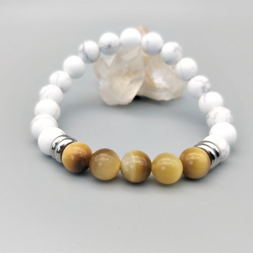 Bracelet howlite et oeil de tigre blond, pierres naturelles 8 mm, bracelet élastique. homme, femme. pierre fine, gemme.