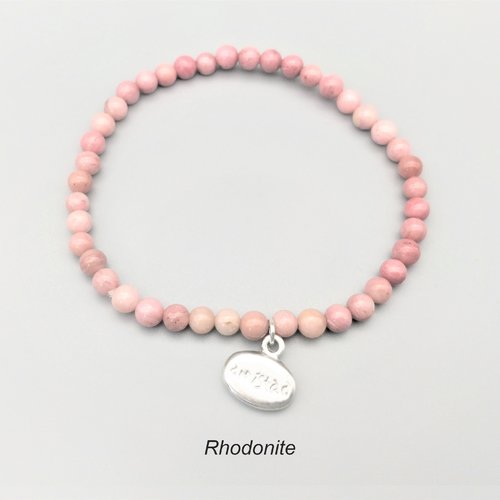 Bracelet "amistad" en rhodonite pierre véritable (perles 4 mm). homme, femme. pierre semi-précieuse naturelle