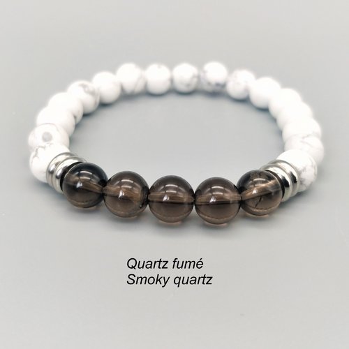 Bracelet howlite et quartz fumé, pierres naturelles 8 mm. homme, femme. pierre fine, gemme. bracelet élastique.