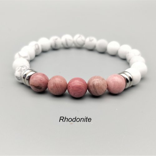 Bracelet howlite et rhodonite naturelles, pierres 8 mm, bracelet élastique. homme, femme. pierre fine, gemme.