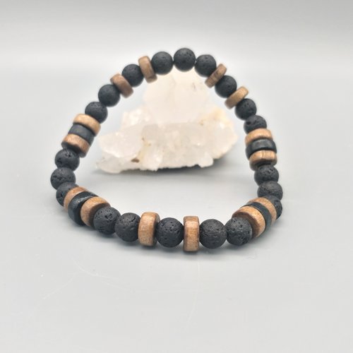 Bracelet pierres de lave (perles 6 mm) et intercalaires bois marron et noir. homme ou femme.