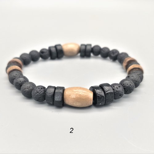 Bracelet pierres de lave (perles 6 mm), perles bois tonneau et intercalaires bois marron et noir. homme ou femme.