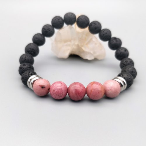 Bracelet rhodonite et pierres de lave, pierres naturelles 8 mm. homme, femme. bracelet élastique.