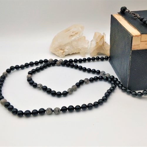 Collier obsidienne noire et jaspe gris facetté (6 mm), pierres naturelles nouées. longueur au choix. pierres véritables.
