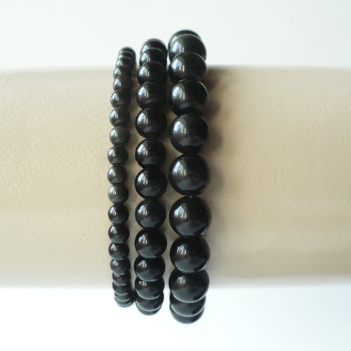 Bracelet obsidienne noire véritable élastique. tailles perles disponibles 4, 6 ou 8 mm. homme femme. pierre fine gemme.