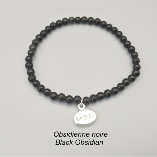 Bracelet "amistad" en obsidienne noire pierre véritable (perles 4 mm). homme, femme. pierre semi-précieuse naturelle
