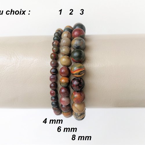 Bracelet jaspe picasso naturelle, pierres 4, 6, 8 mm au choix. bracelet élastique. homme, femme. pierre fine gemme.