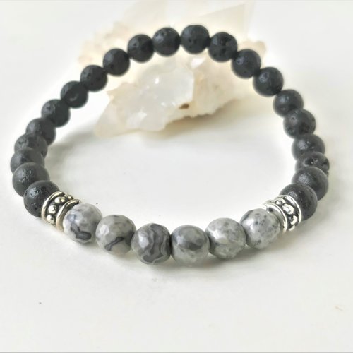 Bracelet jaspe gris marbré et pierres de lave élastique (perles 6 mm). homme ou femme. pierre fine gemme.