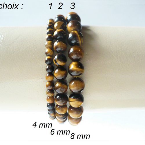 Bracelet oeil de tigre, perles 4, 6, 8 mm au choix. doré pierre semi-précieuse véritable.