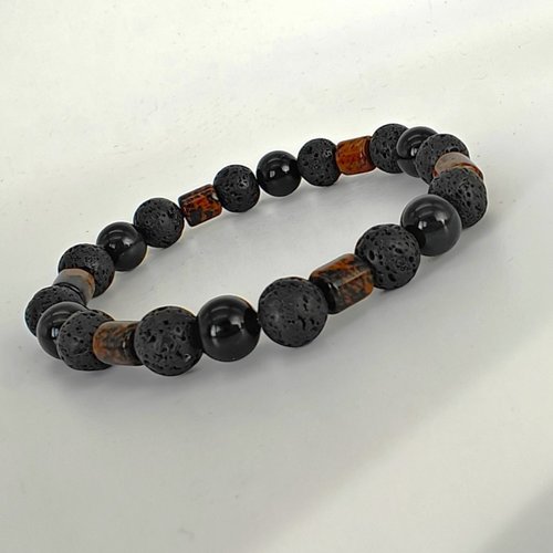 Bracelet pierre de lave, obsidienne noire et obsidienne acajou élastique. homme ou femme. pierres fines naturelles.