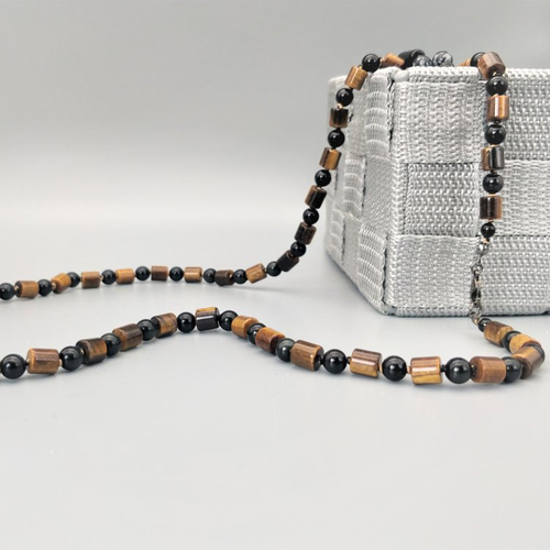 Collier œil de tigre et obsidienne, pierres naturelles, perles nouées 6 mm. longueurs au choix. pierres fines véritables.