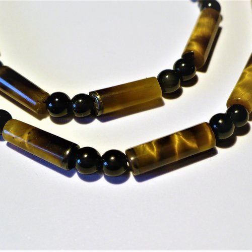 Collier œil de tigre et obsidienne noire véritables, perles rondes et tubes 4 mm. longueurs au choix. homme, femme.