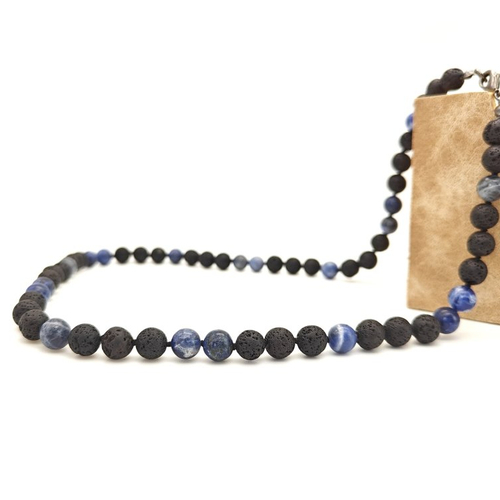 Collier basalte (pierre de lave) et sodalite, pierres véritables nouées, perles d'environ 8 mm. longueur au choix. homme, femme.