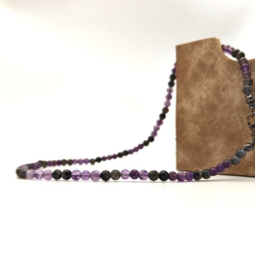 Collier labradorite et améthyste, pierres 4 mm naturelles. longueur au choix ras du cou, sautoir, opéra. homme ou femme..