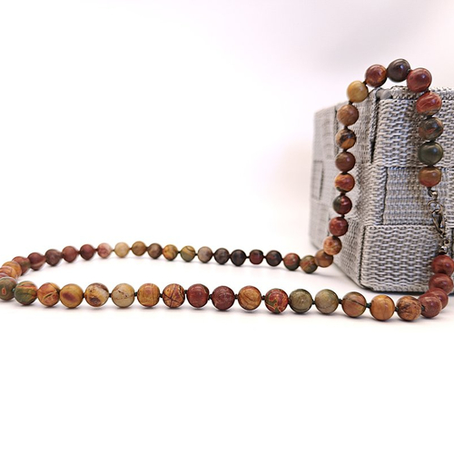 Collier jaspe picasso véritable, perles nouées d'environ 8 mm. longueur au choix. homme, femme. pierre fine gemme.