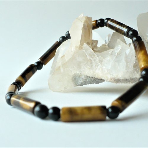 Bracelet oeil de tigre et obsidienne noire véritables, perles rondes et tubes 4 mm. longueurs au choix. homme, femme.