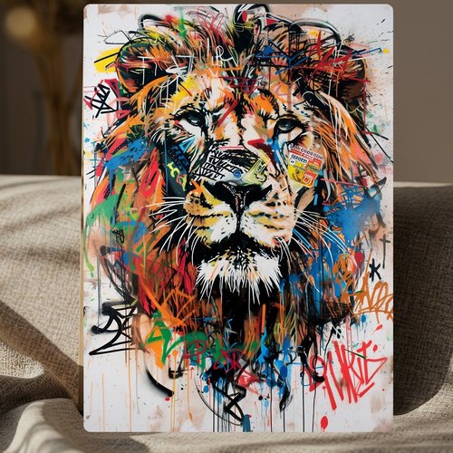 Tableau aluminium lion street art coloré – plaque métal décorative moderne prête à accrocher
