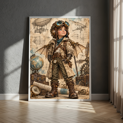 Affiche numérique steampunk – jeune aviateur rétro – art à télécharger et imprimer