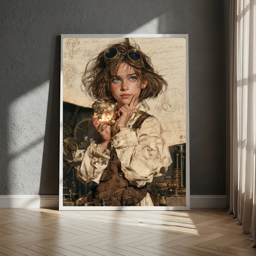 Affiche numérique steampunk – jeune inventrice – décoration rétro à imprimer