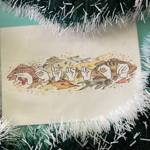 Aquarelle et mot signé : poissons