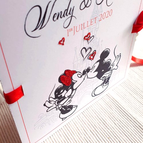 Faire-part / invitation mickey & minnie - mariage disney - rouge et noir - paillette