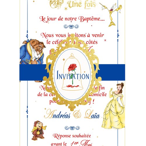Prototype invitation féerique - la belle & la bête - disney / princesse / anniversaire / baptême