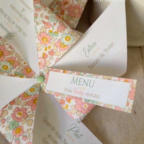 Menu moulin à poser - liberty betsy cupcake - baptême / communion / anniversaire / mariage