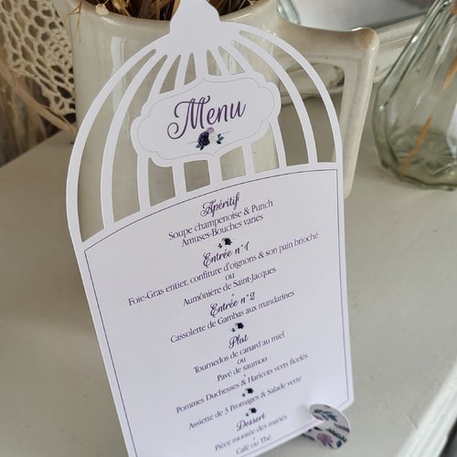 Menu cage à oiseaux collection chloé - thème & couleurs au choix - baptême / mariage / communion / anniversaire