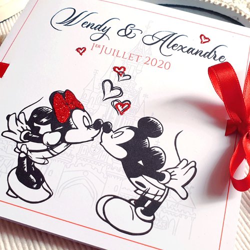 Faire-part / invitation mickey & minnie - mariage disney - rouge et noir - paillette