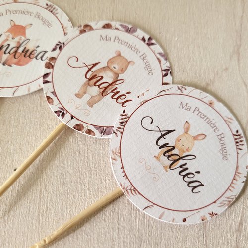 Lot de 10 cake topper ou pics personnalisés collection automnal - baby shower / baptême / anniversaire / mariage