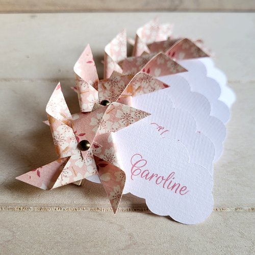 Marque-place moulin à vent - collection eden - sakura rose - baptême / communion / mariage