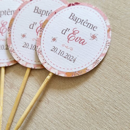 Lot de 10 cake topper ou pics personnalisés - collection eden rose - sakura - baby shower / baptême / anniversaire / mariage