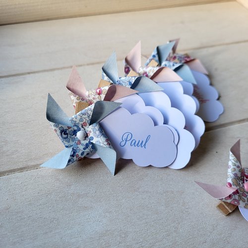 Marque-place moulin à vent bleu - collection eloïse - mariage / baptême / communion / baby shower / anniversaire