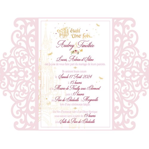Faire-part / invitation féerique - rose et or - baptême / anniversaire / mariage